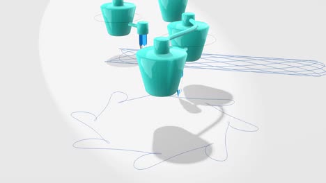 animación 3d, 2 robots con un símbolo de dibujo a lápiz en papel blanco
