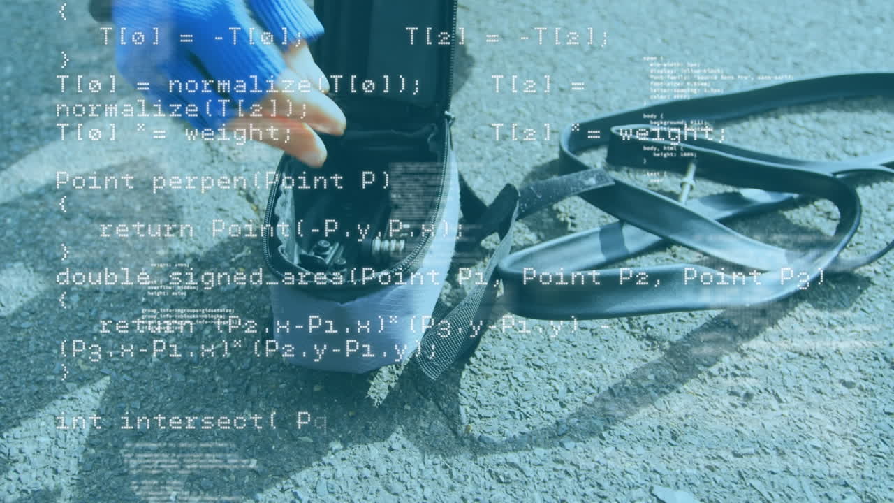 야외에서 자전거 타이어의 내부 튜브를 수리하는 백인 남성에 대한 데이터 처리 애니메이션