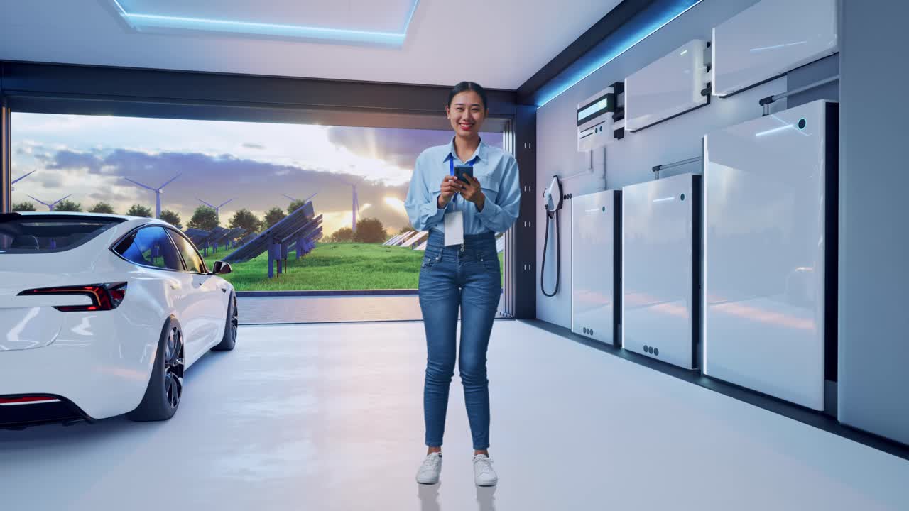 Full Body Side View Of Asian Female With Her Laptop With Home Energy Storage System In a Modern Garage, Typing On Her Laptop'S Keybaord With Meditation