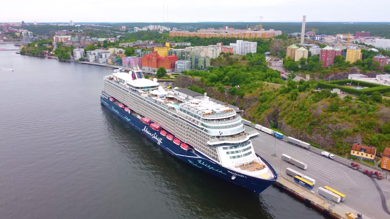 Aerial View of a Cruise Ship Docked in Stockholm, Sweden