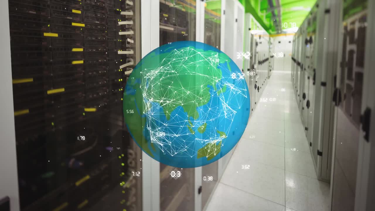 pasillos de servidores y globo giratorio
