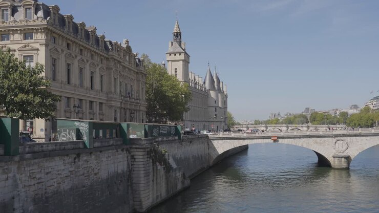 Pont Saint Michel Bridge Crossing River Seine In Paris France With Tourists And Traffic 7