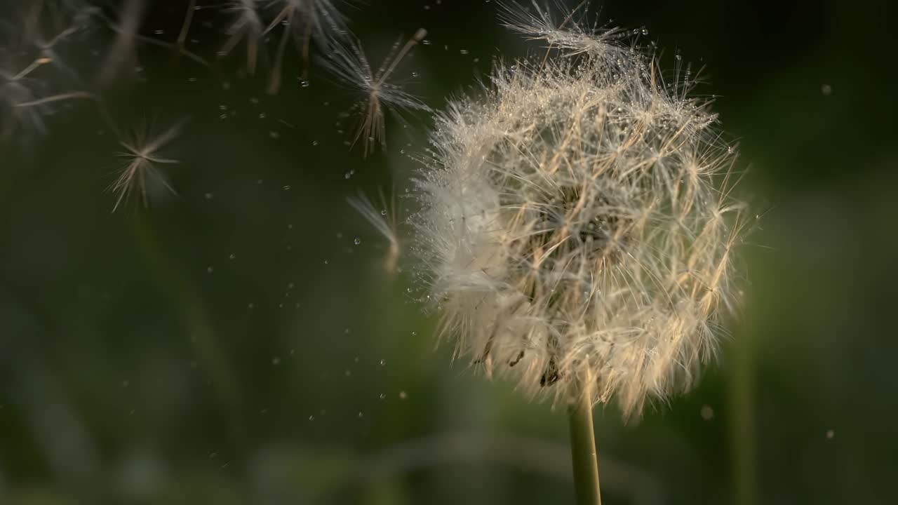 Fluffy Seeds dandelions Flying Over the Clearing. Shot on super slow motion camera 1000 fps