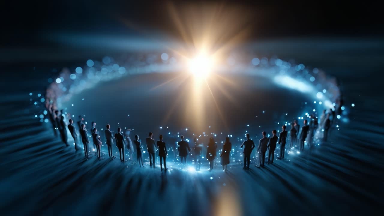 Gathered Figures Illuminated by Central Light in a Mystical Scene of Connection and Unity, Evoking a Sense of Wonder and Communal Focus on a Bright Source