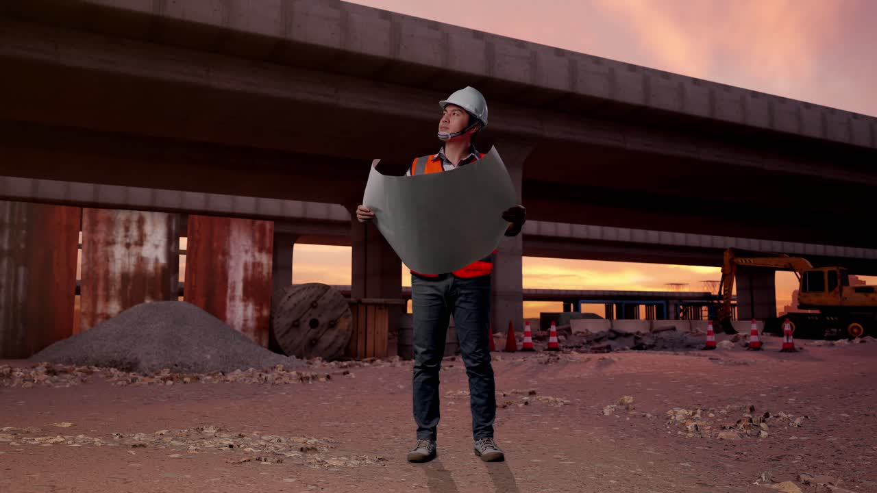 Full Body Of Asian Male Engineer With Safety Helmet Looking At Blueprint In His Hands And Looking Around While Standing At The Site of Highway Construction