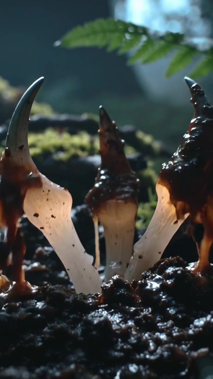Vertical video: Pushing pale tissue forming three fungal stalks beneath fern, oozing brown droplets
