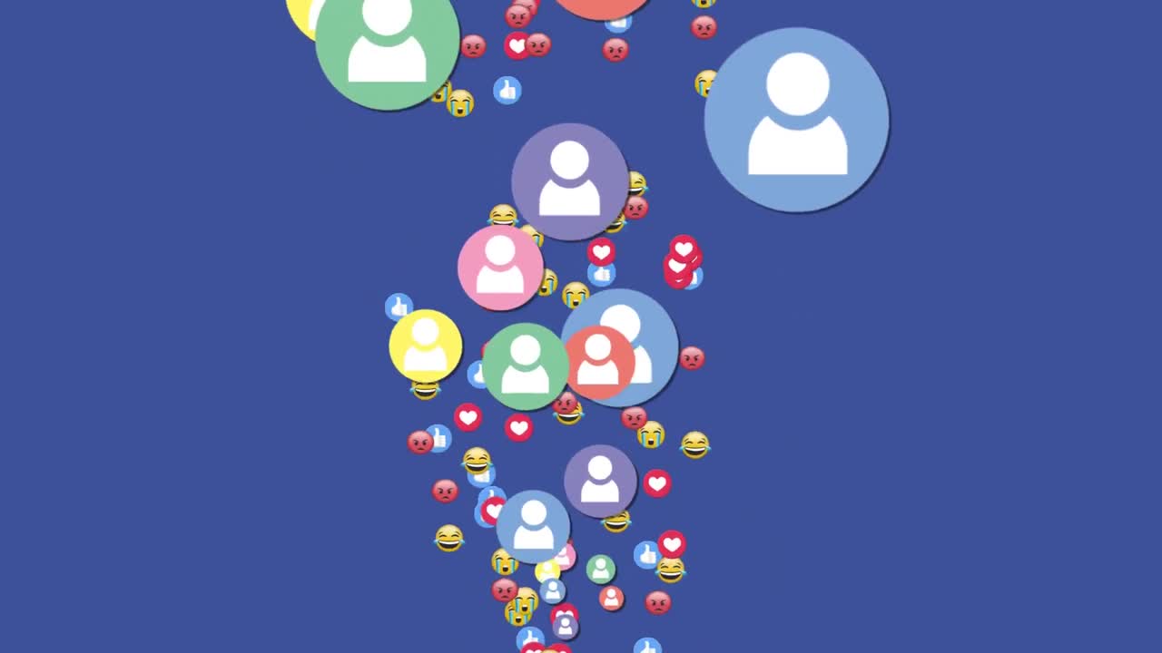 Faccine emoji e icone digitali in movimento su sfondo blu