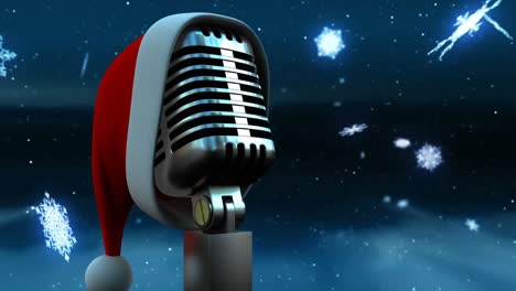 Animation-of-snow-falling-over-microphone-with-christmas-hat-on-dark-background