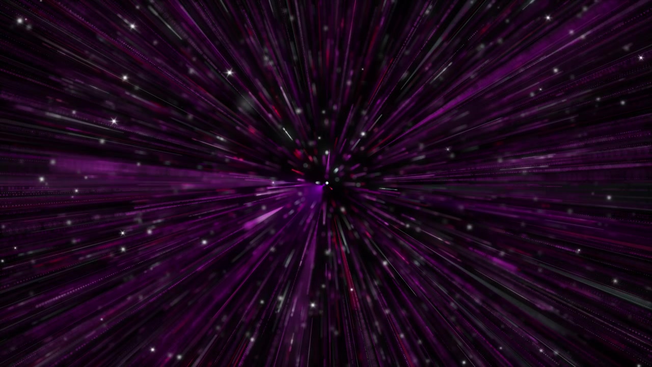Sfondo tunnel di luce a velocità di curvatura viola con scie radianti, scintille stellari e profondità centrale scura.