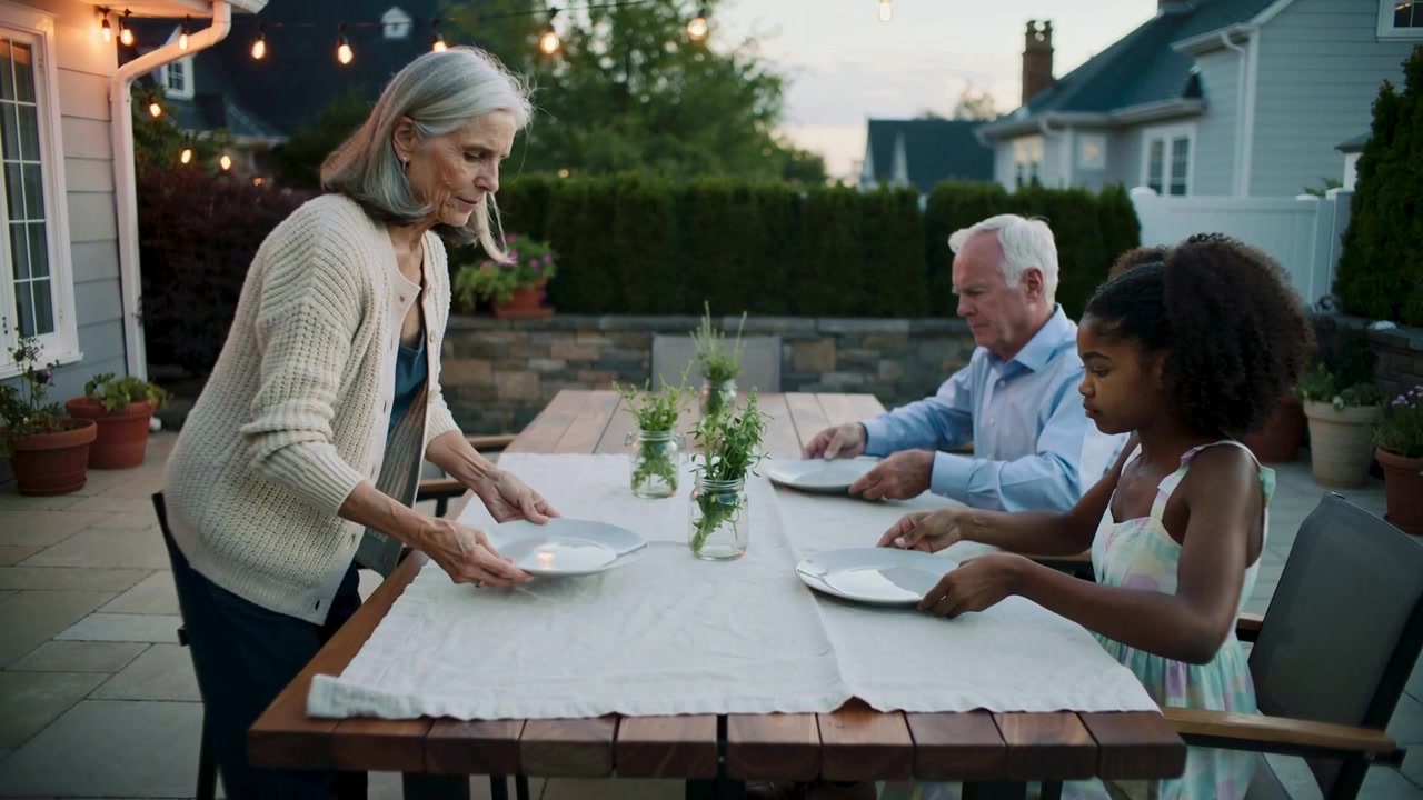 Eldre kvinne kommer fra venstre bærende tallerkener, tilbereder måltid på utebord med lyslenker