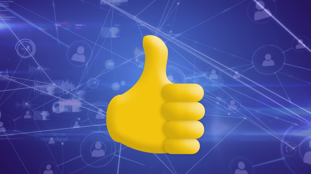 animación del icono de pulgar hacia arriba sobre la red de conexiones con procesamiento de datos