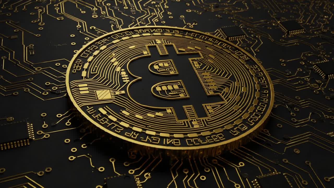A Close-Up View of a Golden Bitcoin on a Circuit Board Showing Financial Technology and Cryptocurrency Innovation in Modern Digital Economy