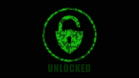 gráfico de movimiento de alta tecnología, con tema de código binario animado, con texto parpadeante, que muestra un logotipo de sistema bloqueado que se desbloquea, pasando de rojo a verde