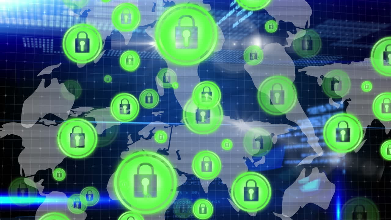 세계 지도 위에  ⁇ 락 보안 아이콘을 가진 연결 네트워크의 애니메이션