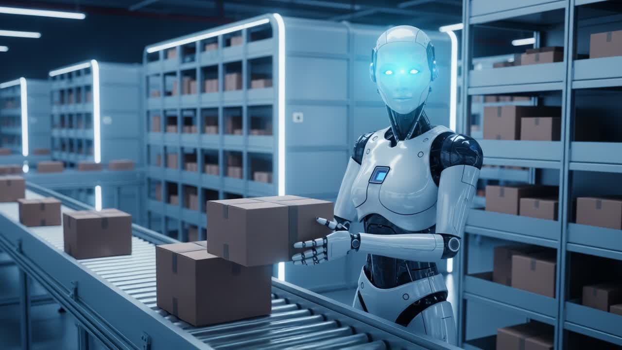 Sophisticated Robotic Automation in a Modern Warehouse Environment, Efficiently Managing Package Sorting and Distribution with Advanced Precision and Technology
