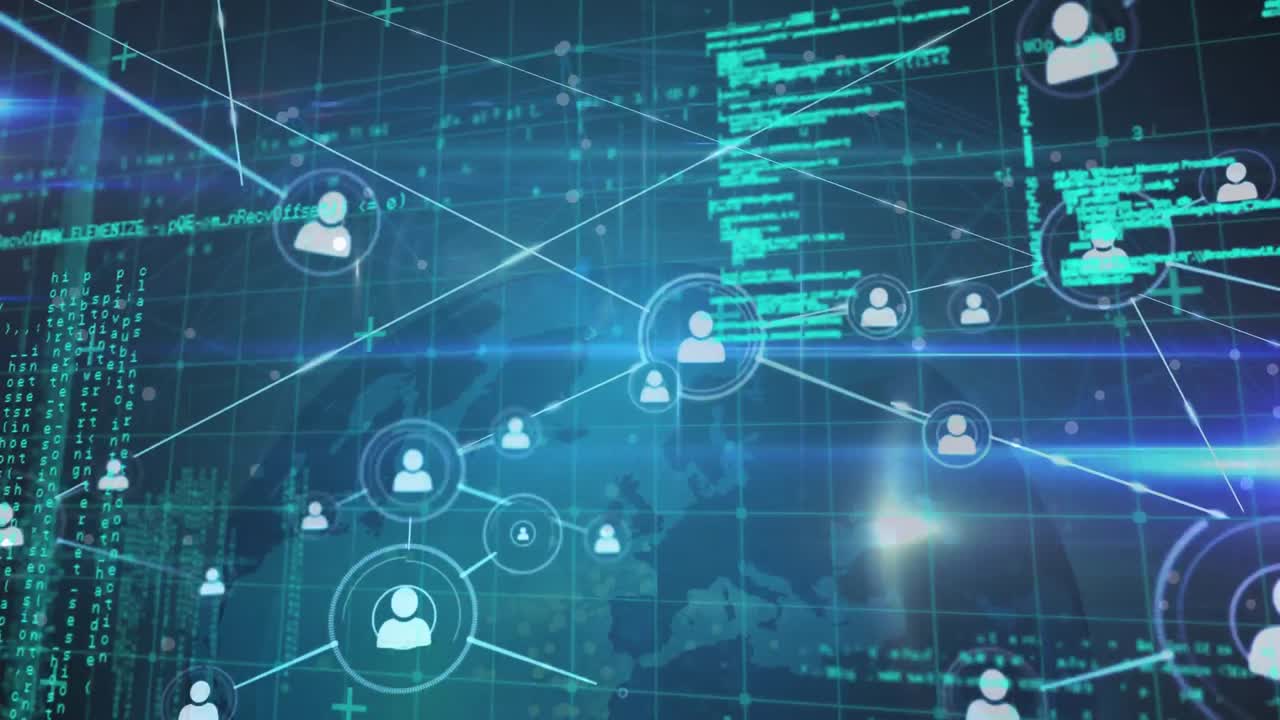 Animation of connected people icons with data and information over a grid