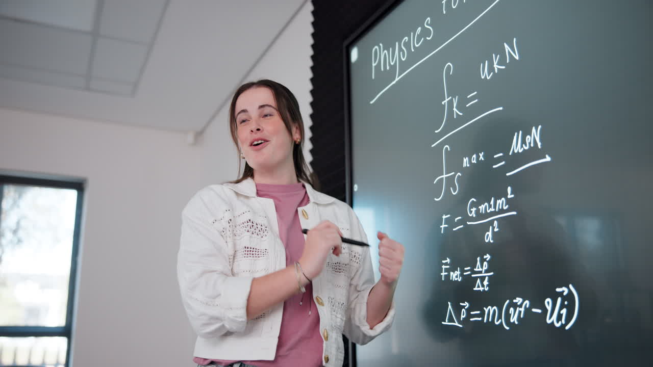 Teacher explaining physics equations on a smartboard