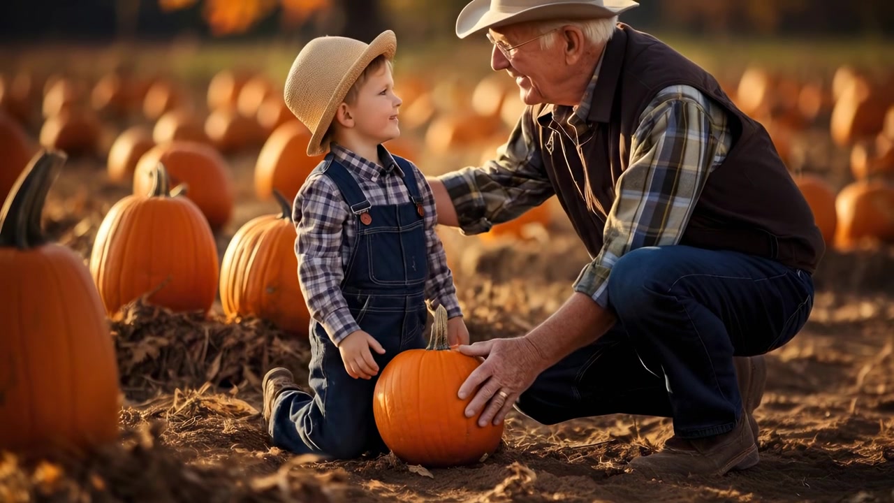Abuelo y nieto eligiendo una calabaza en una granja