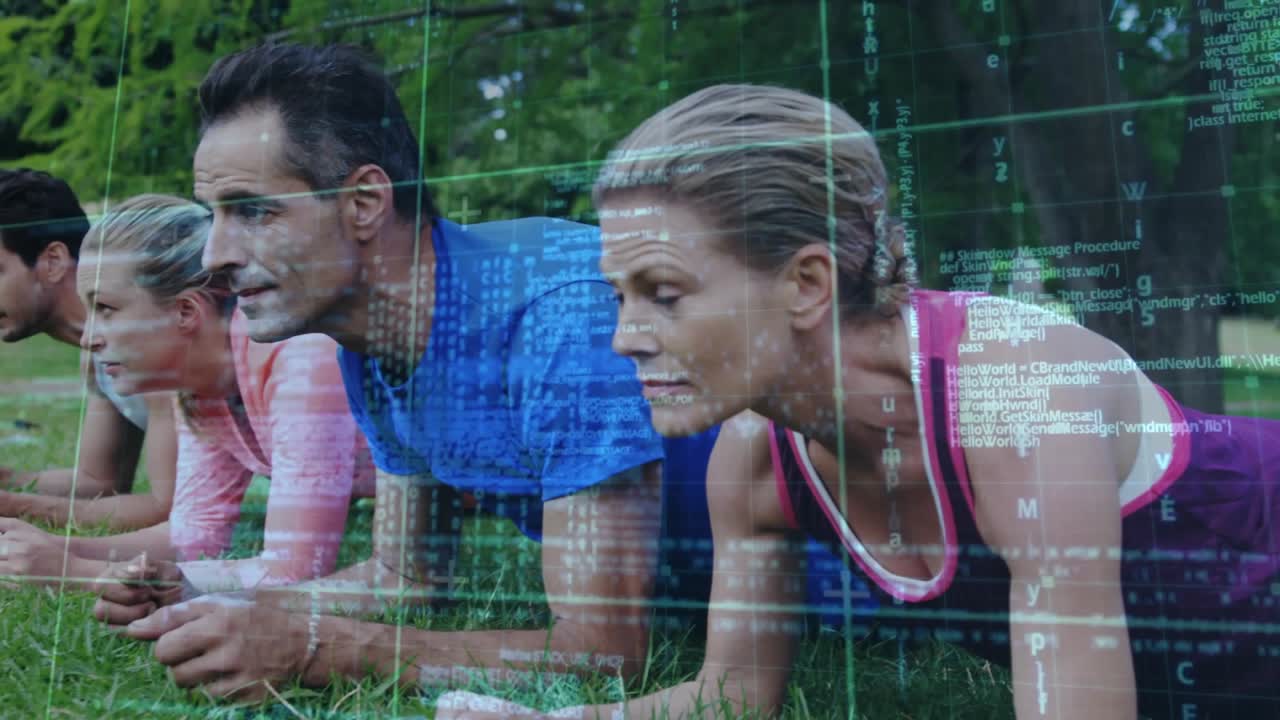 Camera pulling back revealing workout group holding forearm planks on lawn, HUD guiding fitness