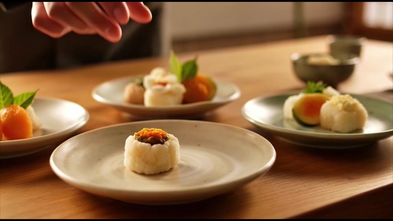 Chef Plating Gourmet Appetizers on Ceramic Plates