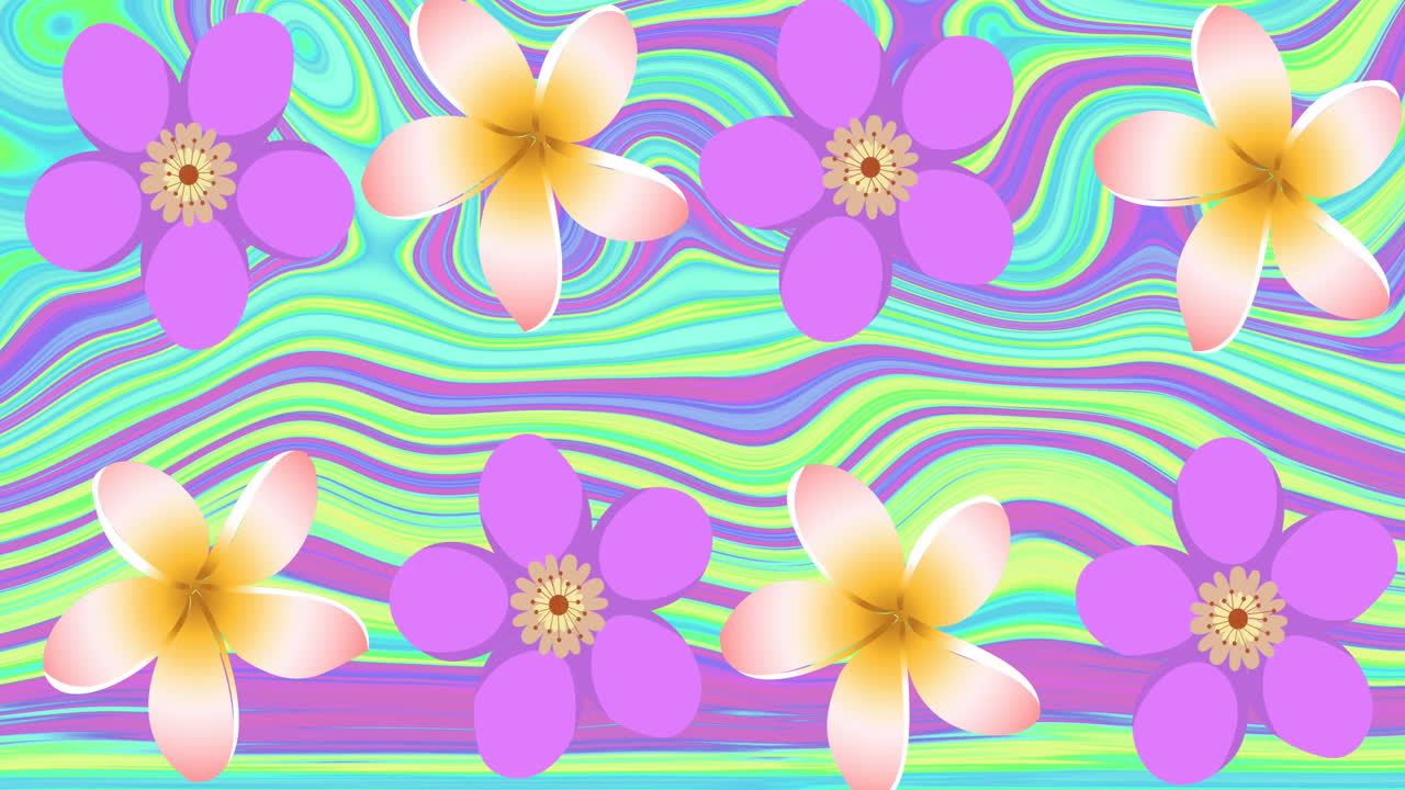 animación de flores y fondo líquido de colores en movimiento.