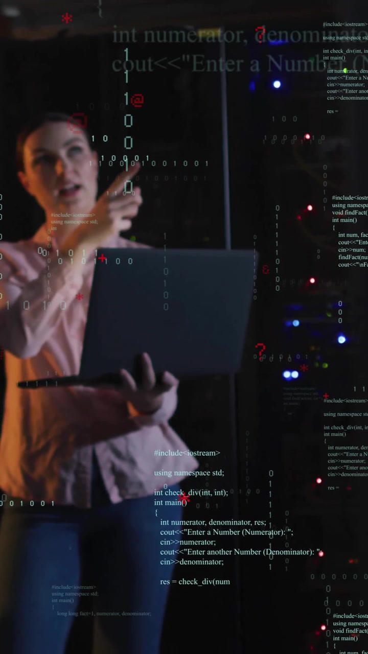 Two people analyzing data on laptop with binary code animation overlay