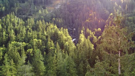 Wunderschöne-Luftaufnahme-Des-Gollinger-Wasserfalls,-Versteckt-Hinter-Bäumen,-Österreich