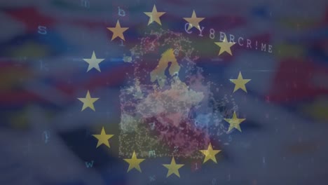 Animation-of-padlock,-data-processing-and-flag-of-eu