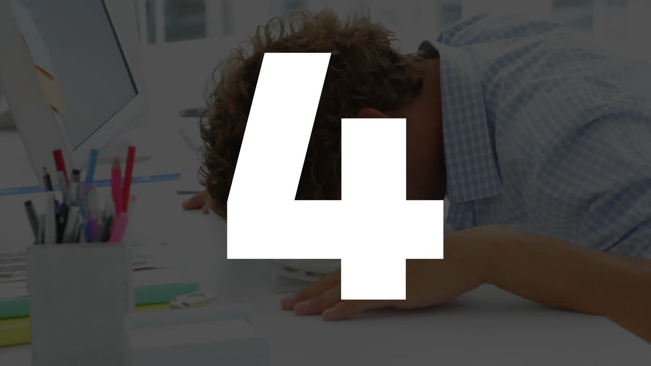 Resting head on desk, person with large white numbers, animation in office