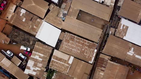 cenital aerial view above suburban rooftops in yaounde city, cameroon, africa