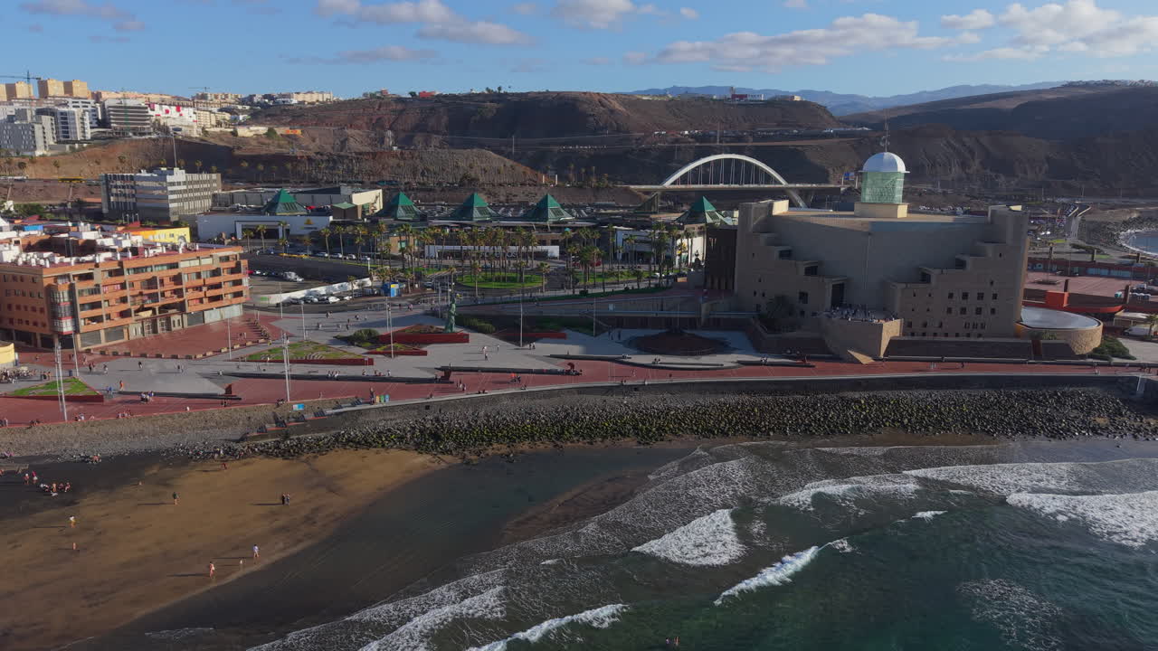 Aerial view of Alfredo Kraus Auditorium at Las Canteras beach in Las Palmas, Gran Canaria, Canary Islands, Spain