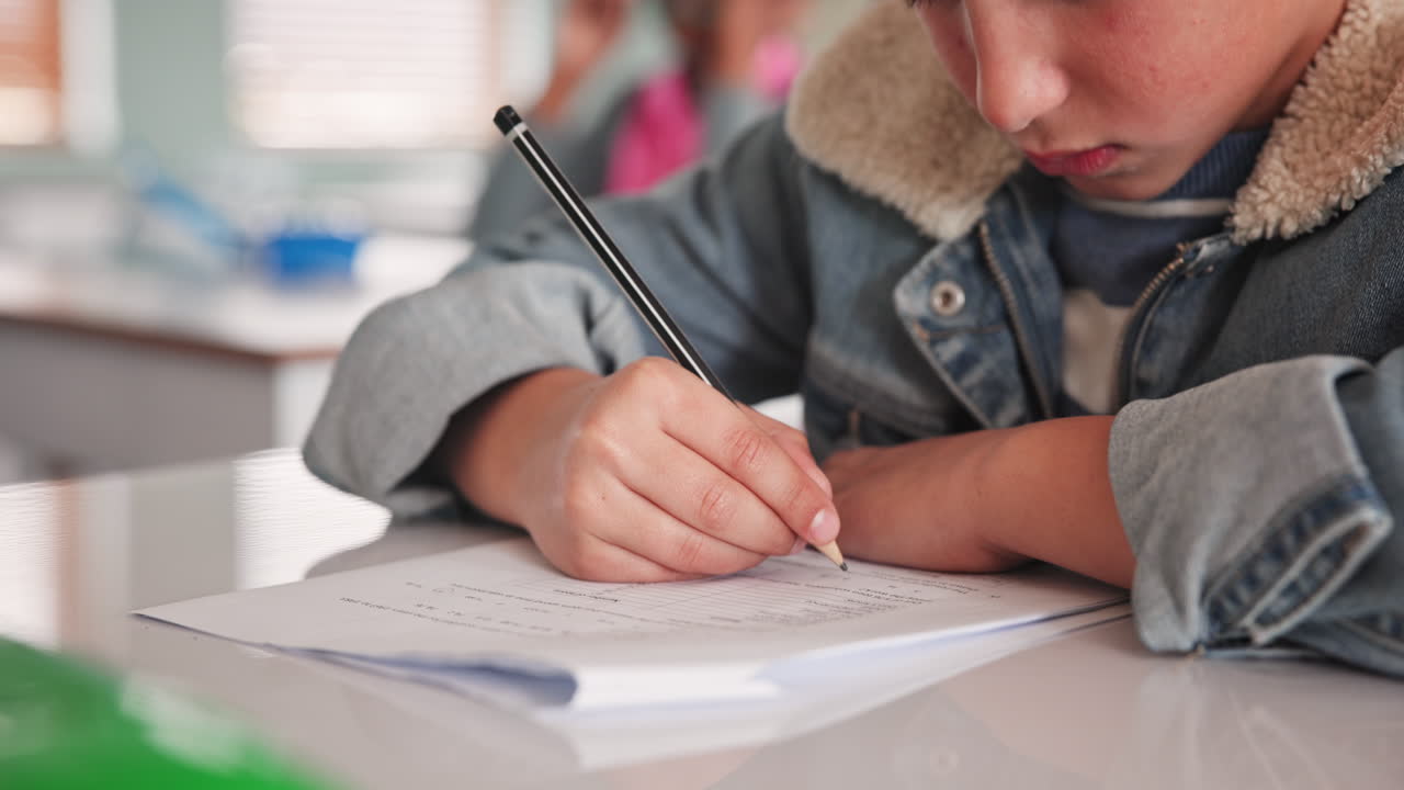 Boy writing on paper in classroom