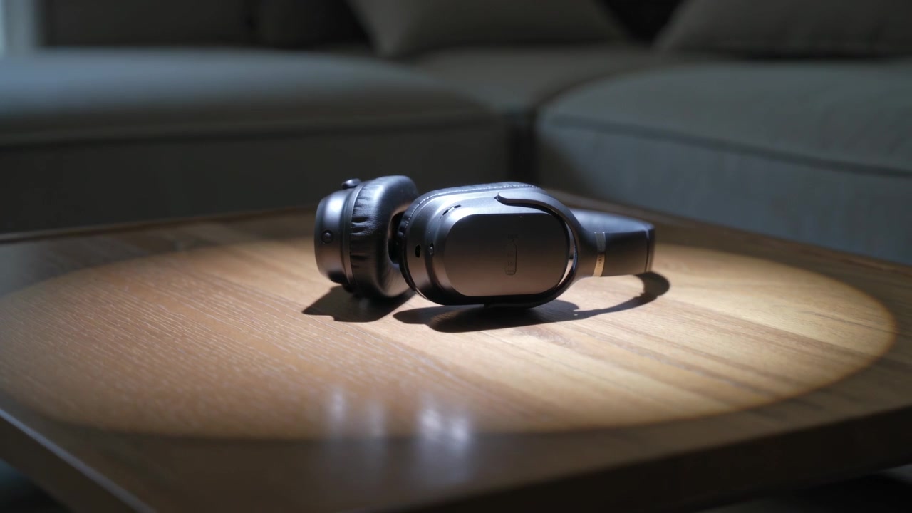 Cuffie over-ear appoggiate su un tavolo rotondo in soggiorno, con luce cangiante che ne evidenzia la lucentezza dei padiglioni.