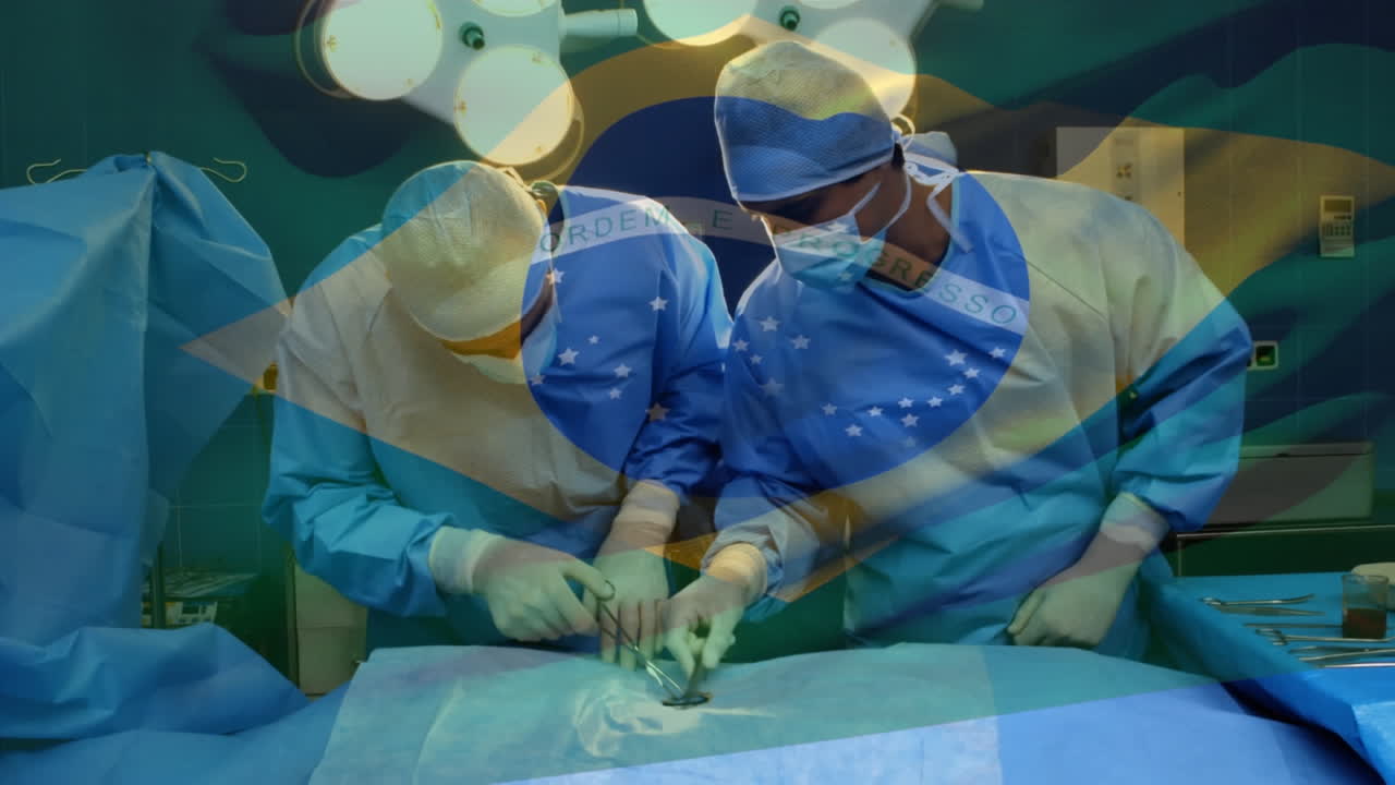 animación de la bandera de brasil ondeando sobre los cirujanos en el quirófano
