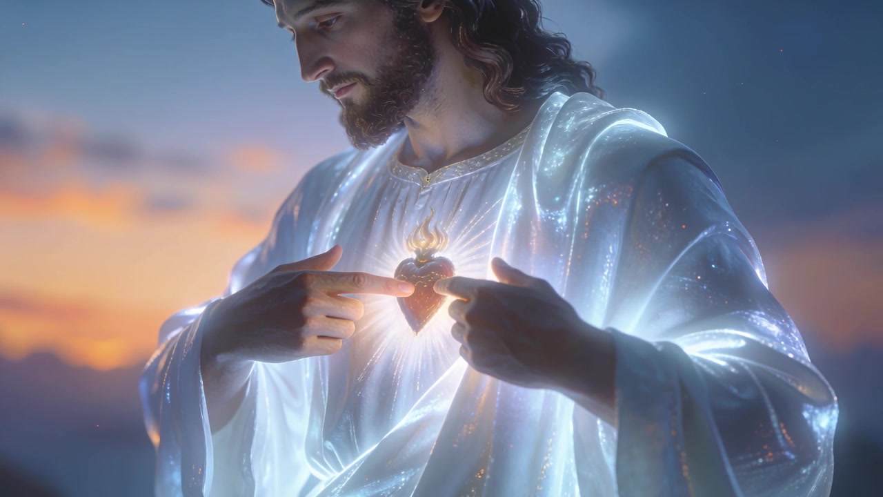 Chierico barbuto che indica, inclinando il corpo verso il cuore mentre un cuore pulsa sulla veste illuminata al tramonto, mostrando devozione.