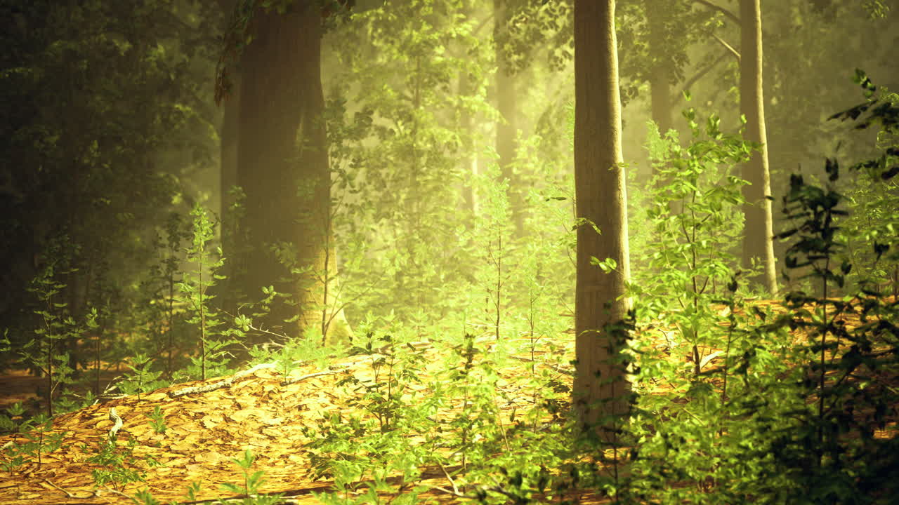 Sunlight filters through trees in a tranquil forest during early morning hours