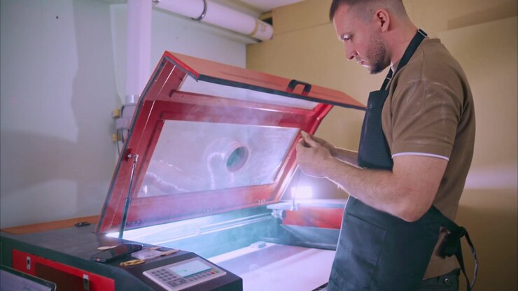 Craftsman Operating Laser Cutting Machine in Workshop