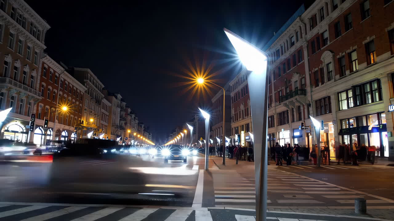 City Street at Night with Modern Streetlights and Motion Blurring Cars