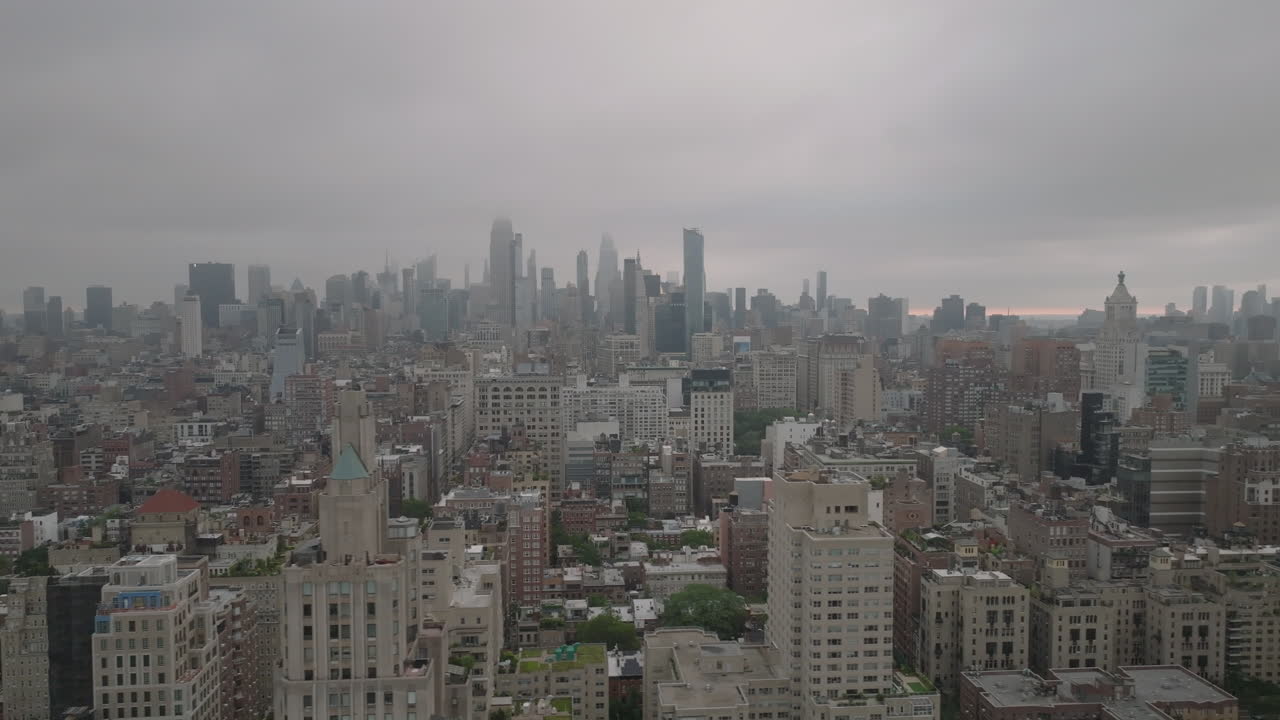 Aerial view of Midtown Manhattan on an overcast morning. Shot in New York City