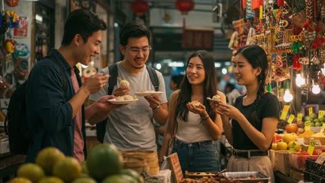 four friends enjoying delicious street food in a vibrant market filled with colorful decorations and mouthwatering treats at night