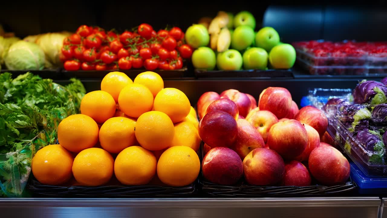 Una vivace esposizione di prodotti freschi con un colorato assortimento di arance, mele, verdure e altro ancora, che mette in mostra l'abbondanza e la varietà che si trovano in un mercato o in un negozio di alimentari