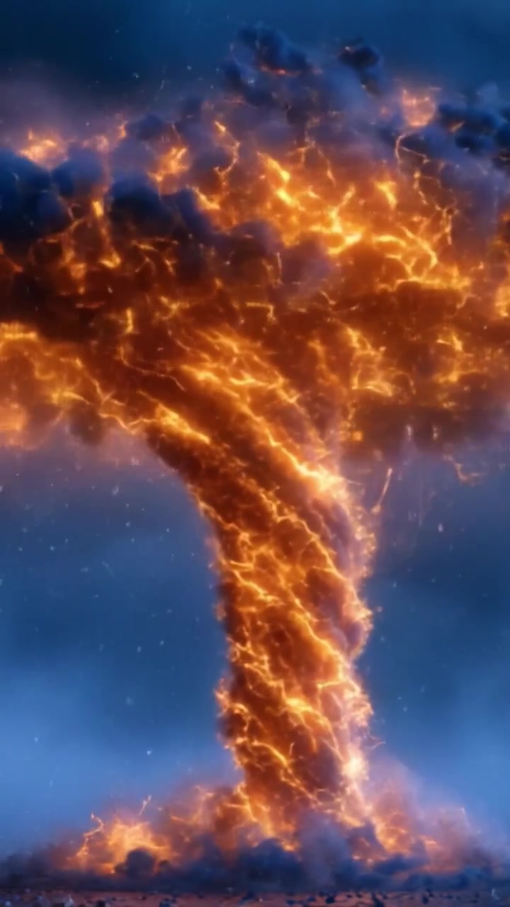 En kraftig eksplosion udløser flammende energi, hvilket skaber en dramatisk ildstorm med snoede flammer og intense flimrende lys i en slående visuel fremvisning