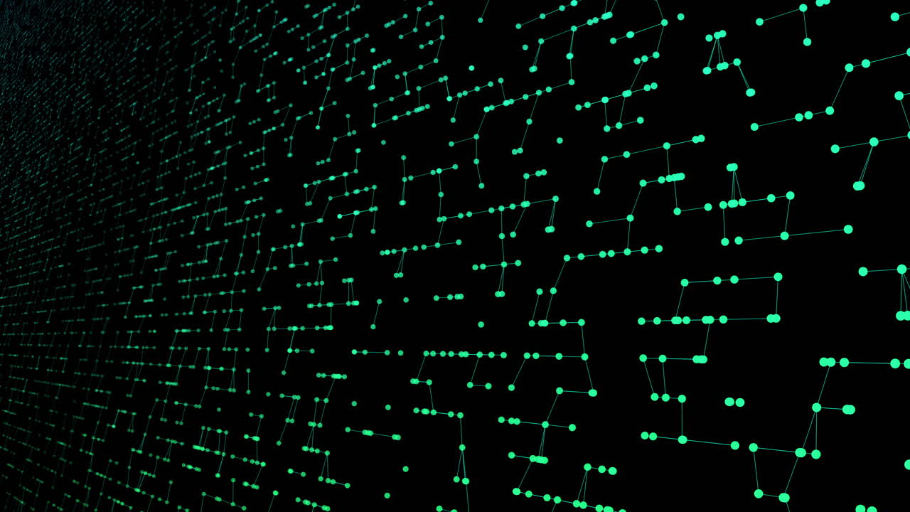 Dynamic green digital data dots transmit horizontal in tech interface