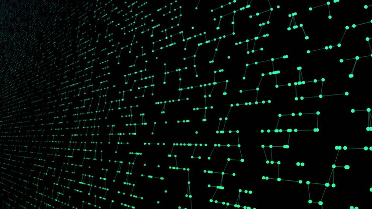 Dynamic green digital data dots transmit horizontal in tech interface