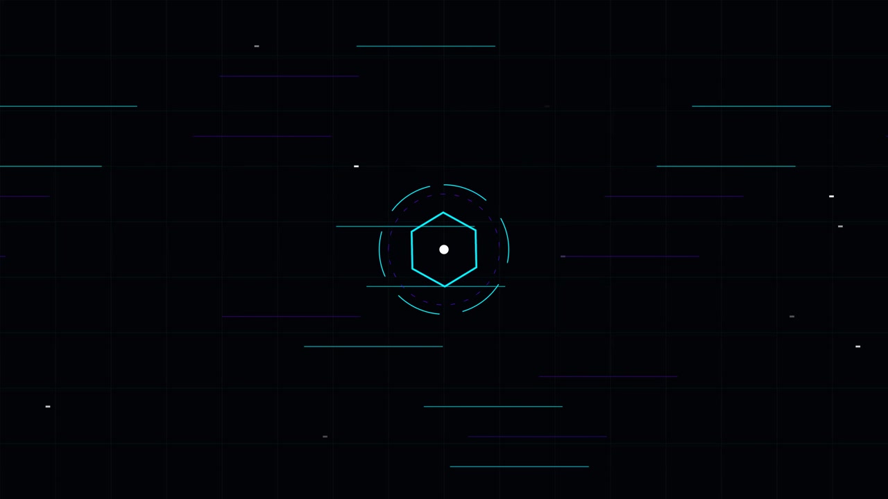 Abstract Digital HUD Interface with Rotating Hexagon and Moving Data Lines