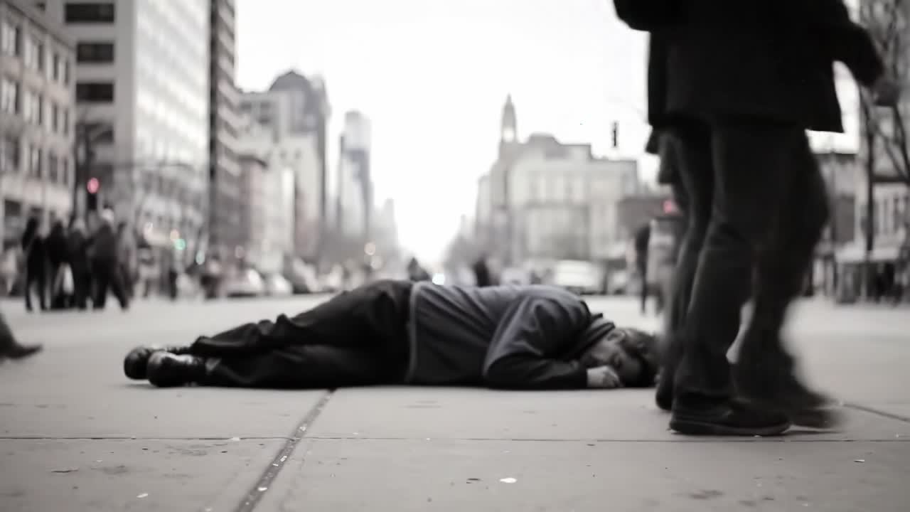 A Moving Crowd Ignoring the Fallen: A Stark Contrast Between Daily Life and the Struggles of Others on a Busy City Street