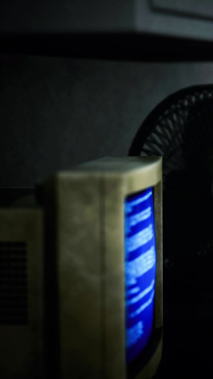 Old computer screen shows blue error message in a dimly lit room