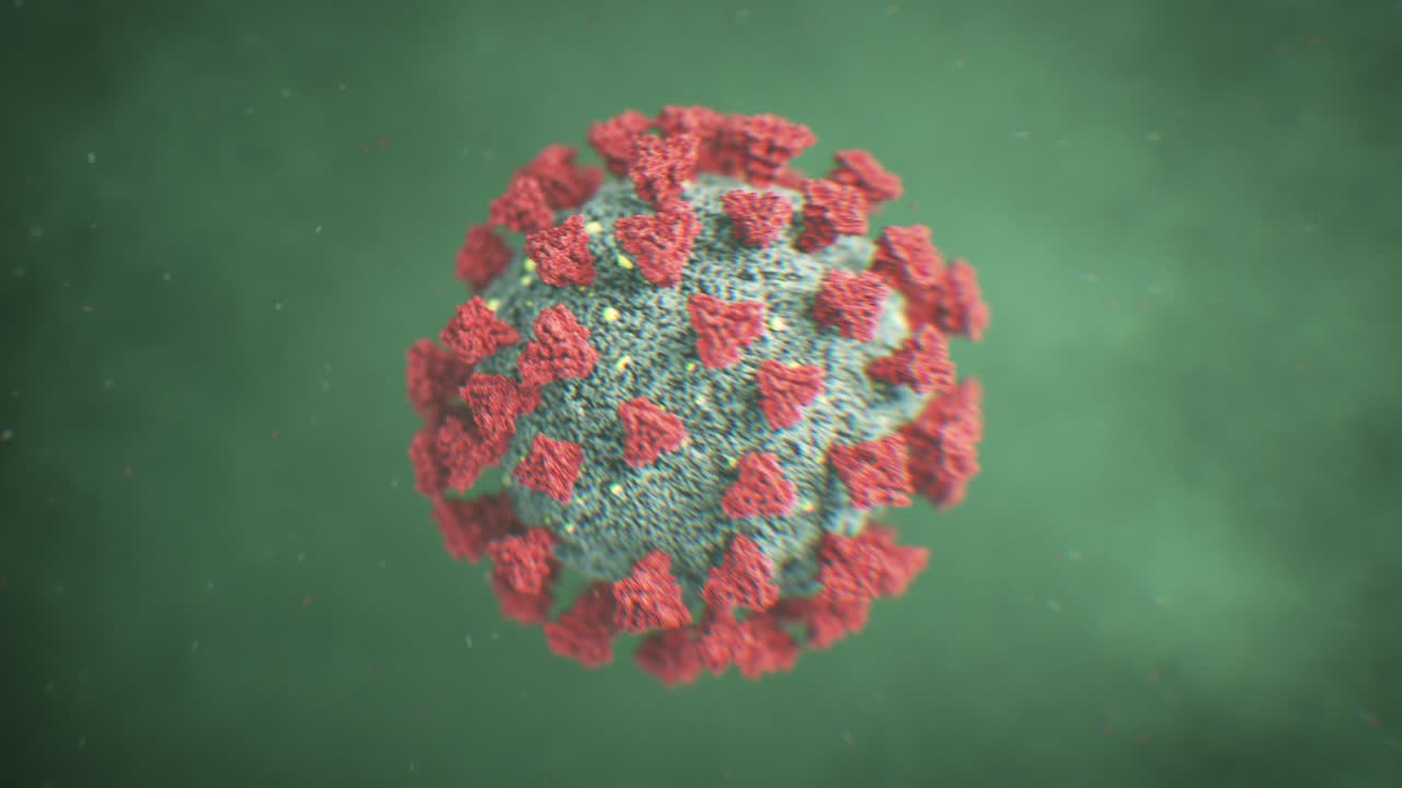 estructura del virus covid-19 en el microscopio electrónico de primer plano sin costuras. animación en 3d en bucle del adn del coronavirus 2019-ncov con concepto médico del entorno.