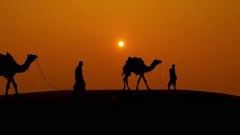 Cameleers,-camel-Drivers-at-sunset.-Thar-desert-on-sunset-Jaisalmer,-Rajasthan,-India.