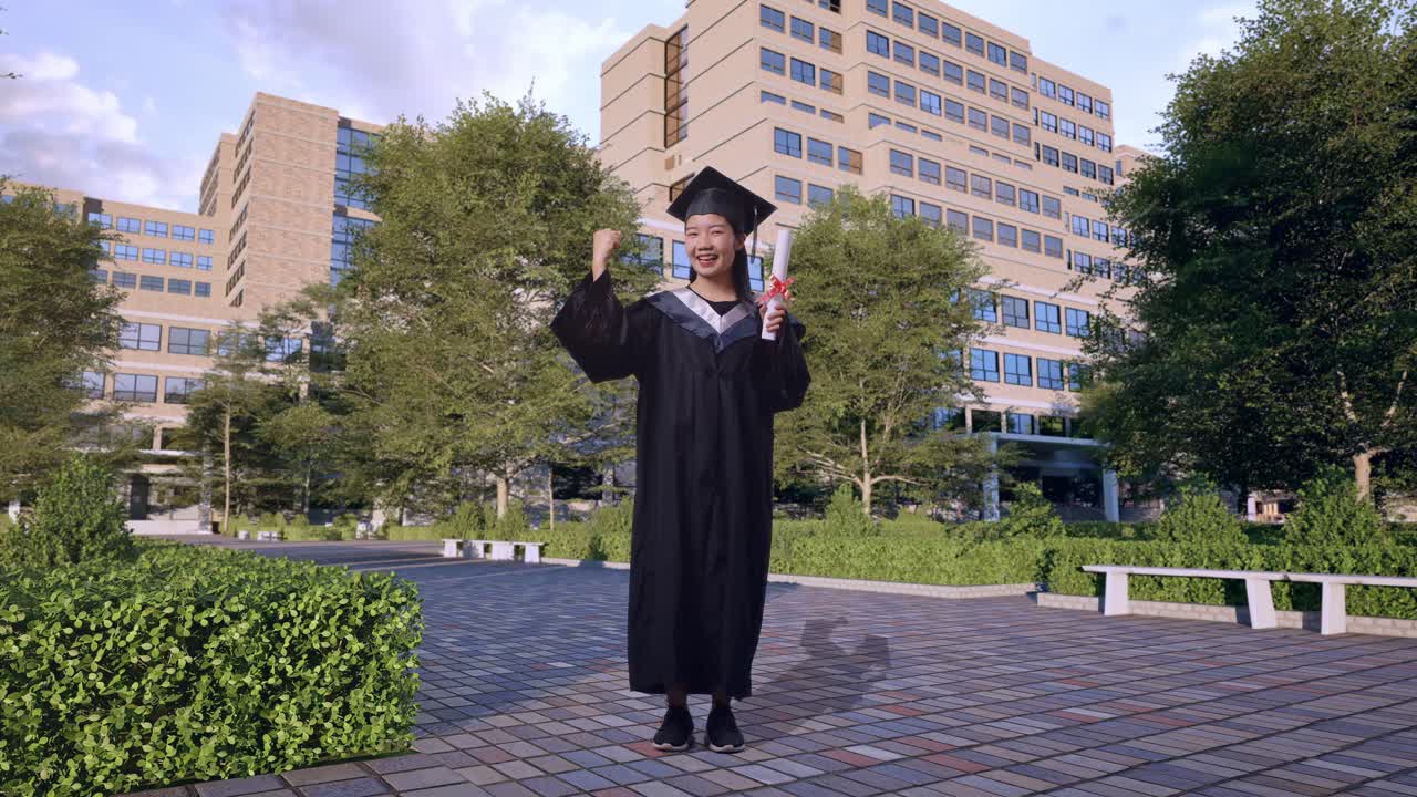 mujer celebrando la graduación en el campus